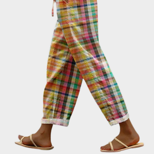 Women’s Checkered Tapered Pants with Elastic Waist and Pockets