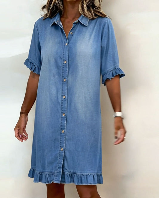 Women's Denim Shirt Dress with Button Front and Ruffle Sleeves