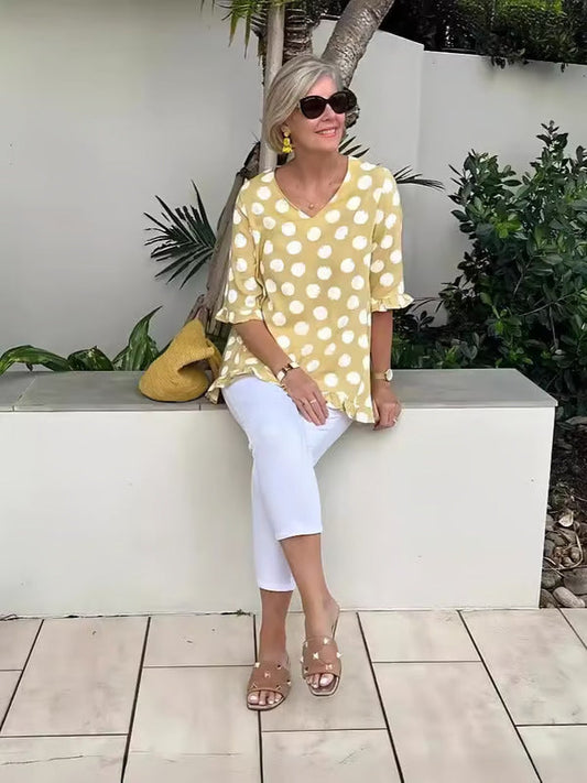 Women's Polka Dot V-Neck Blouse Relaxed Fit Lightweight Casual Summer Top