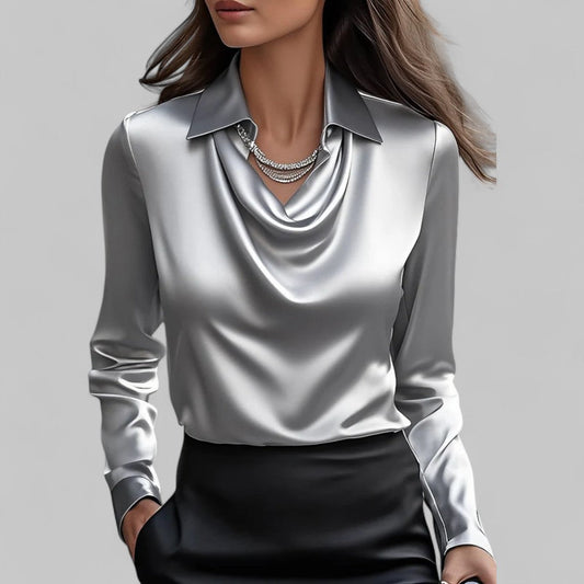 Women’s Draped Neck Long Sleeve Blouse with Satin-Like Finish