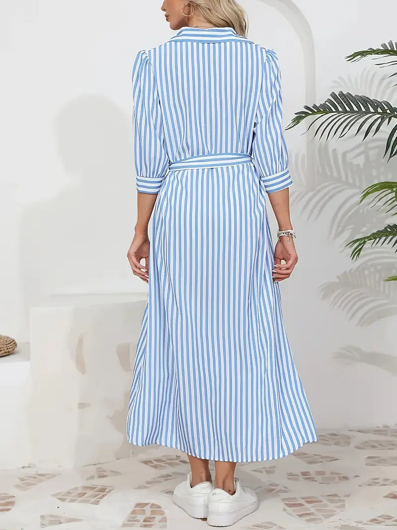 Women’s Striped Belted Button Down Elegant Shirt Midi Dress