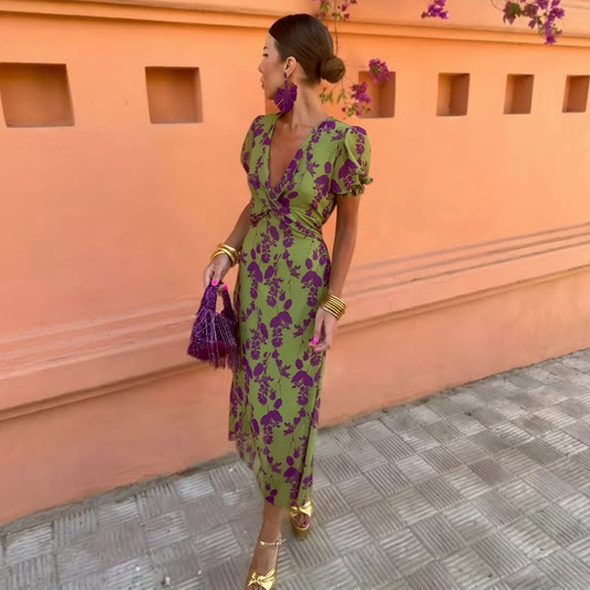 Women's Floral Midi Dress with Wrap V-Neck and Short Sleeves