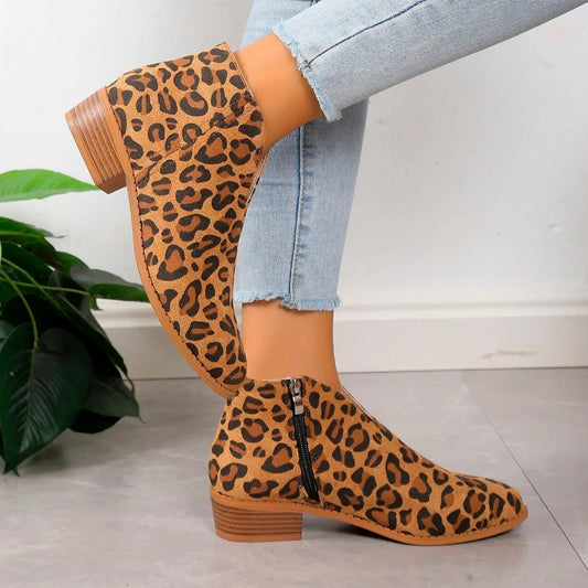 Women’s Leopard Print Ankle Boots with Side Zipper and Low Heel
