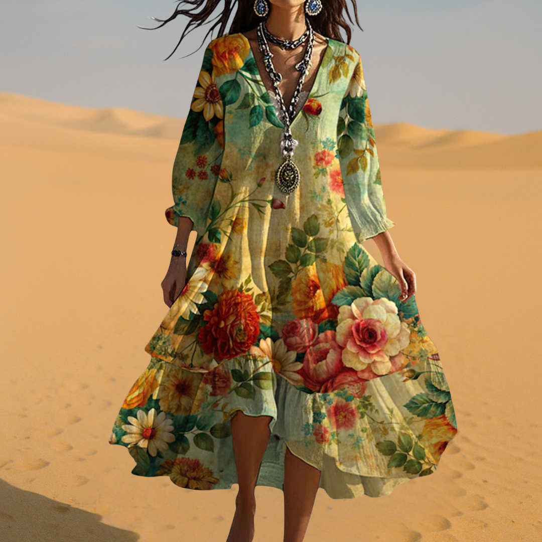 Women’s Vintage Boho Floral V Neck Relaxed Fit Midi Dress