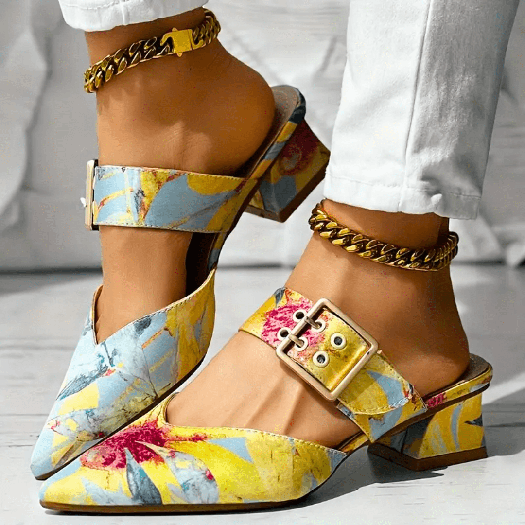 Women’s Colorful Printed Heels with Strap and Block Heel
