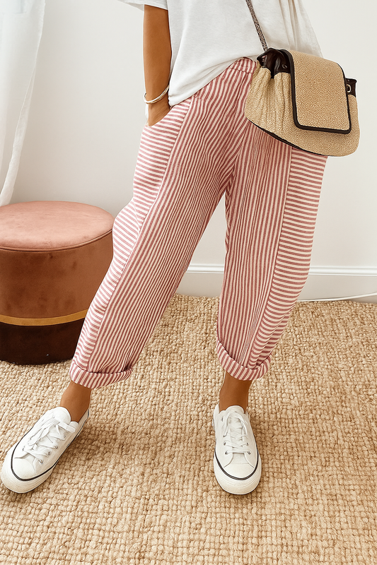 Women's Striped Relaxed Fit Pants with Drawstring Waist