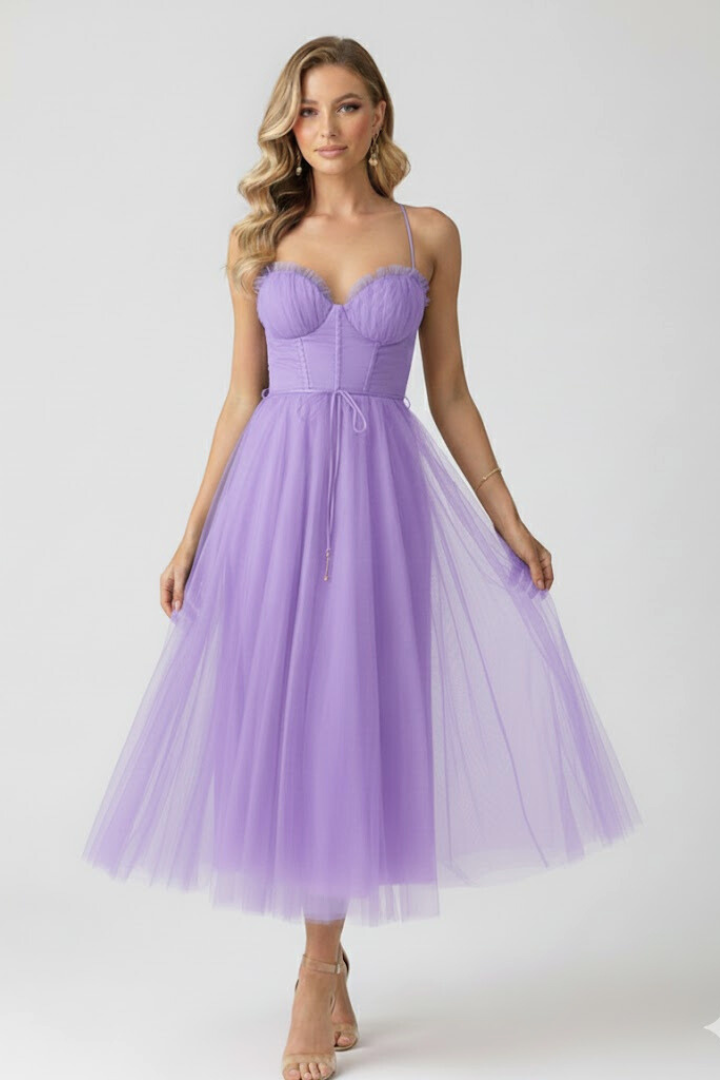 Lorienne | Elegant Sweetheart Neck Wedding Guest Dress with Layered Tulle Skirt