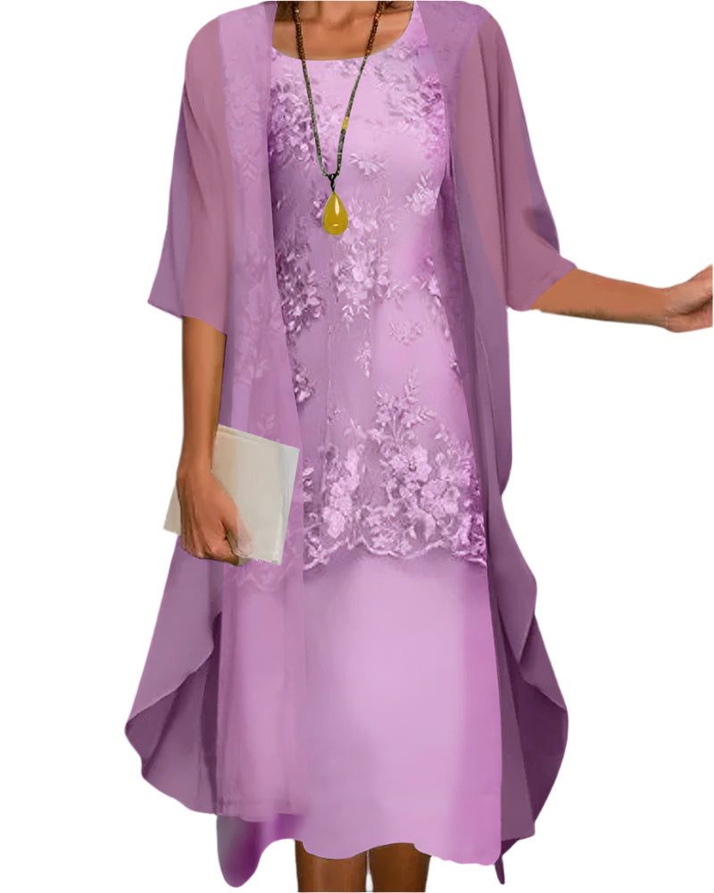 Women’s Sheer Sleeve Lace Overlay Elegant Flowing Midi Dress