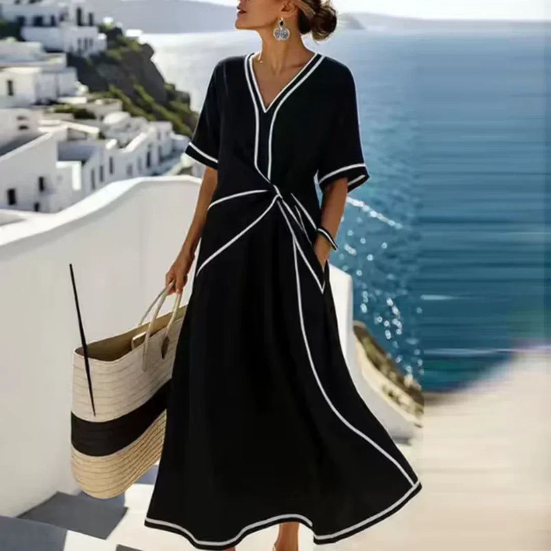 Women’s Wrap Style V Neck Relaxed Fit Elegant Midi Dress