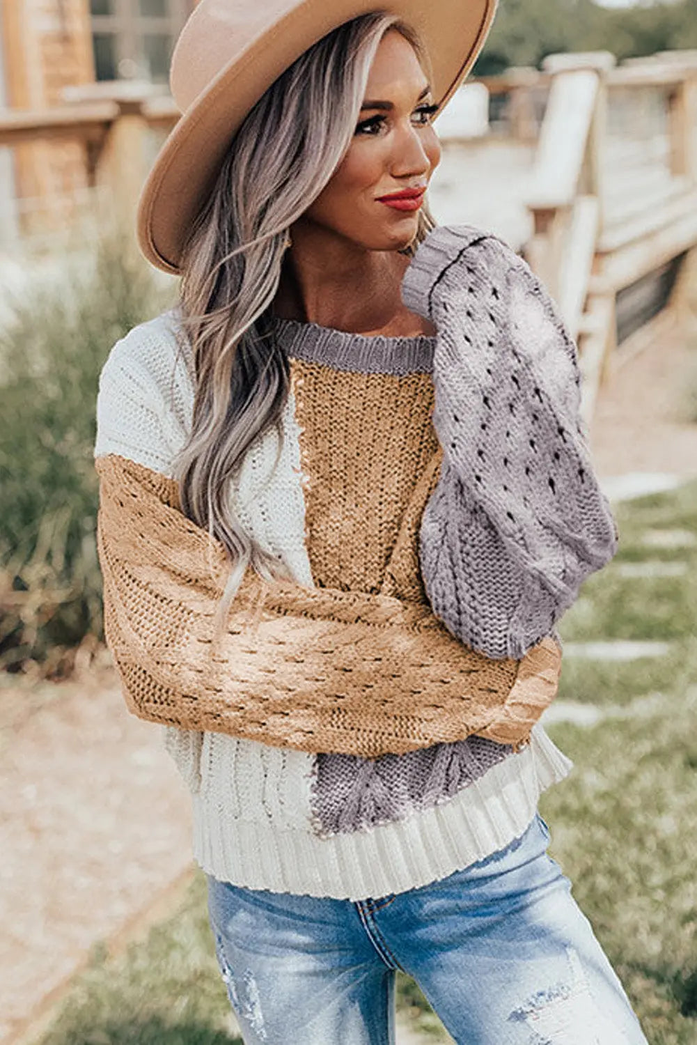 Women’s Patchwork Cable Knit Sweater Perfect for Winter