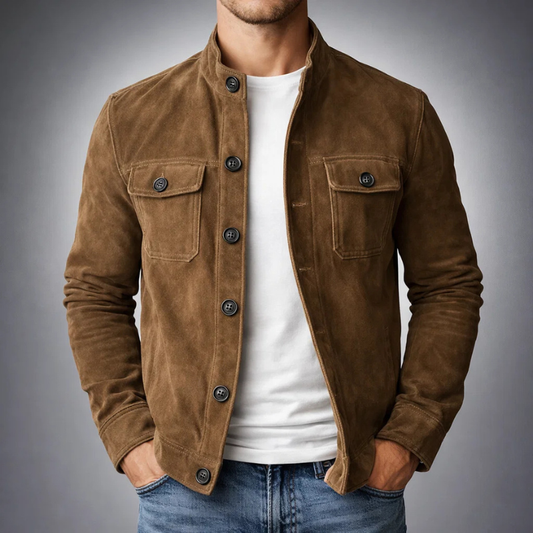 Men’s Suede Jacket with Button Closure and Utility Pockets