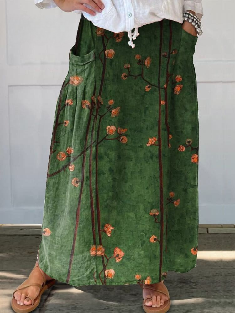 Women’s Floral Maxi Skirt with Elastic Waist and Pockets