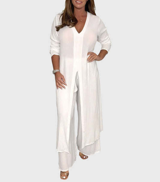 Women's Elegant Two Piece Set Long Top and Wide Leg Pants Outfit