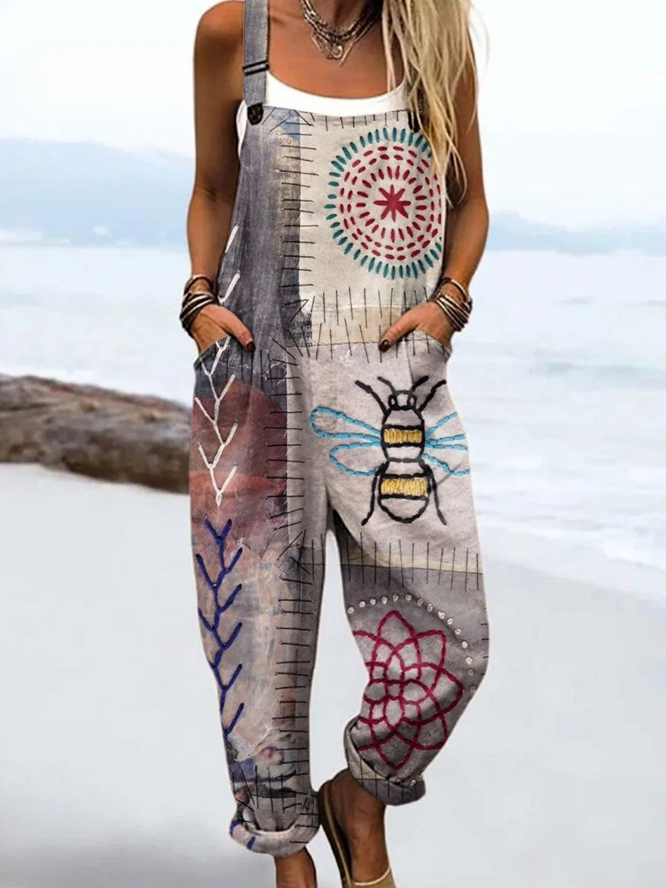 Women’s Artistic Print Loose Fit Jumpsuit with Pocket Detail