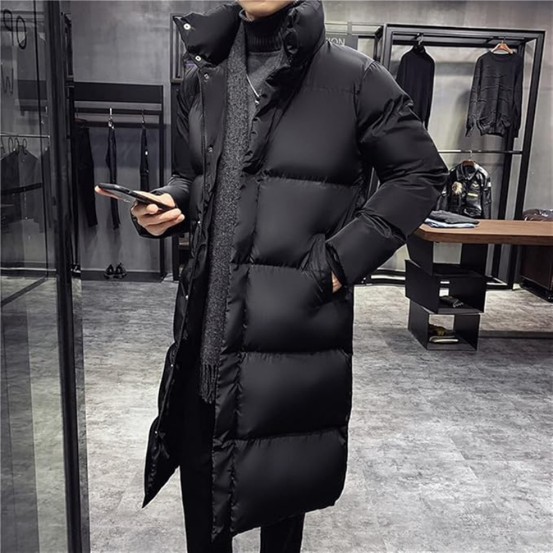 Men’s Long Quilted Coat with High Collar Design