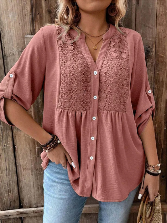 Women's Casual V Neck Blouse Loose Fit Button Up Shirt