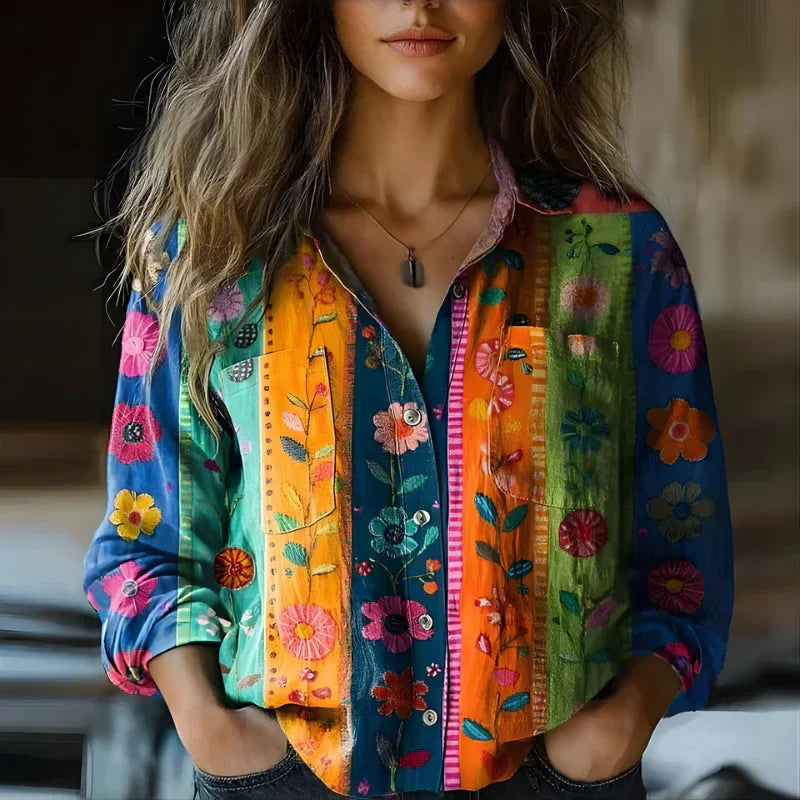 Women's Vintage Print Button Up Blouse with Relaxed Fit