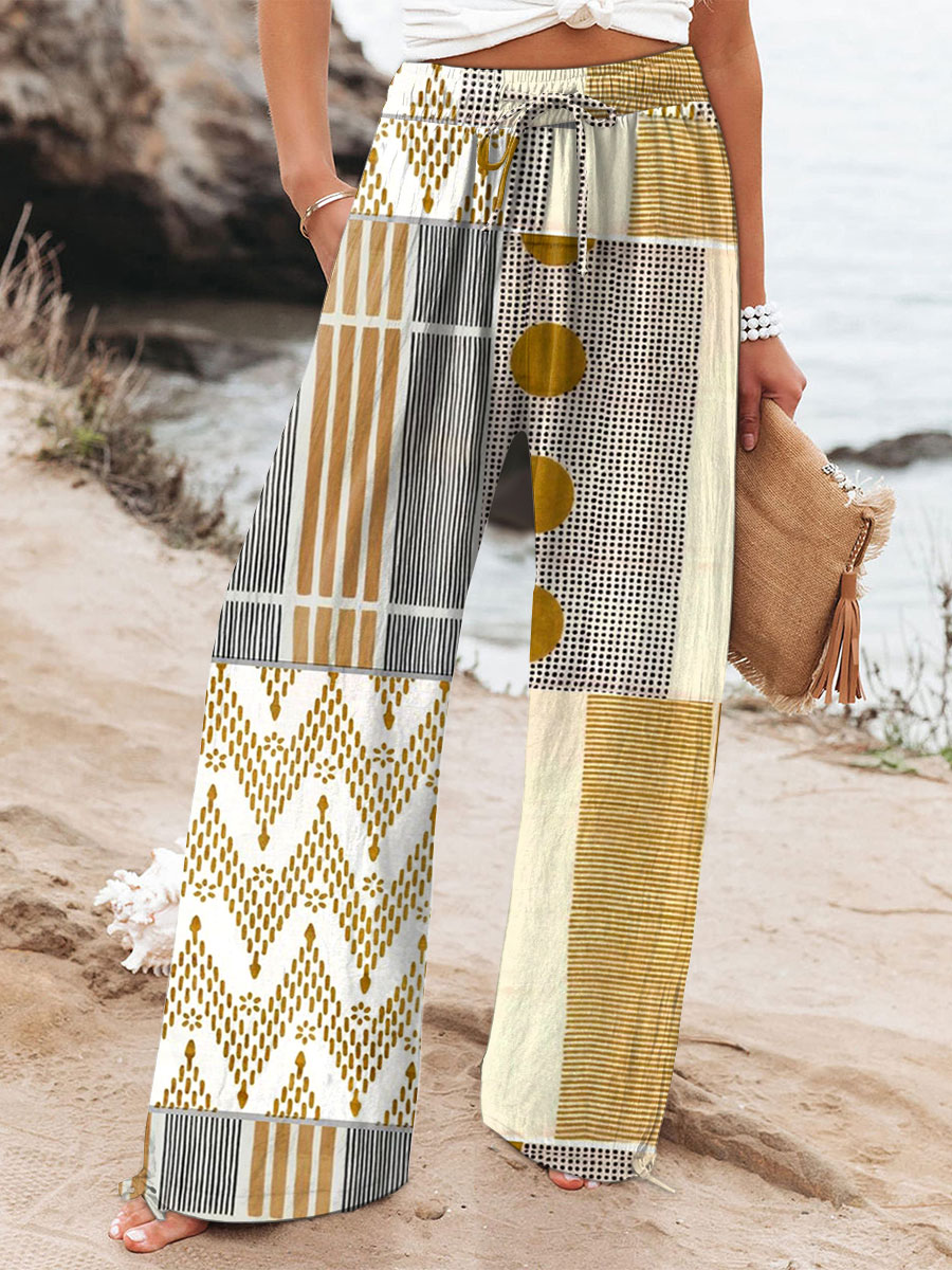 Women's Geometric Patchwork Wide Leg Pants – Relaxed Fit Lightweight Casual Statement Trousers
