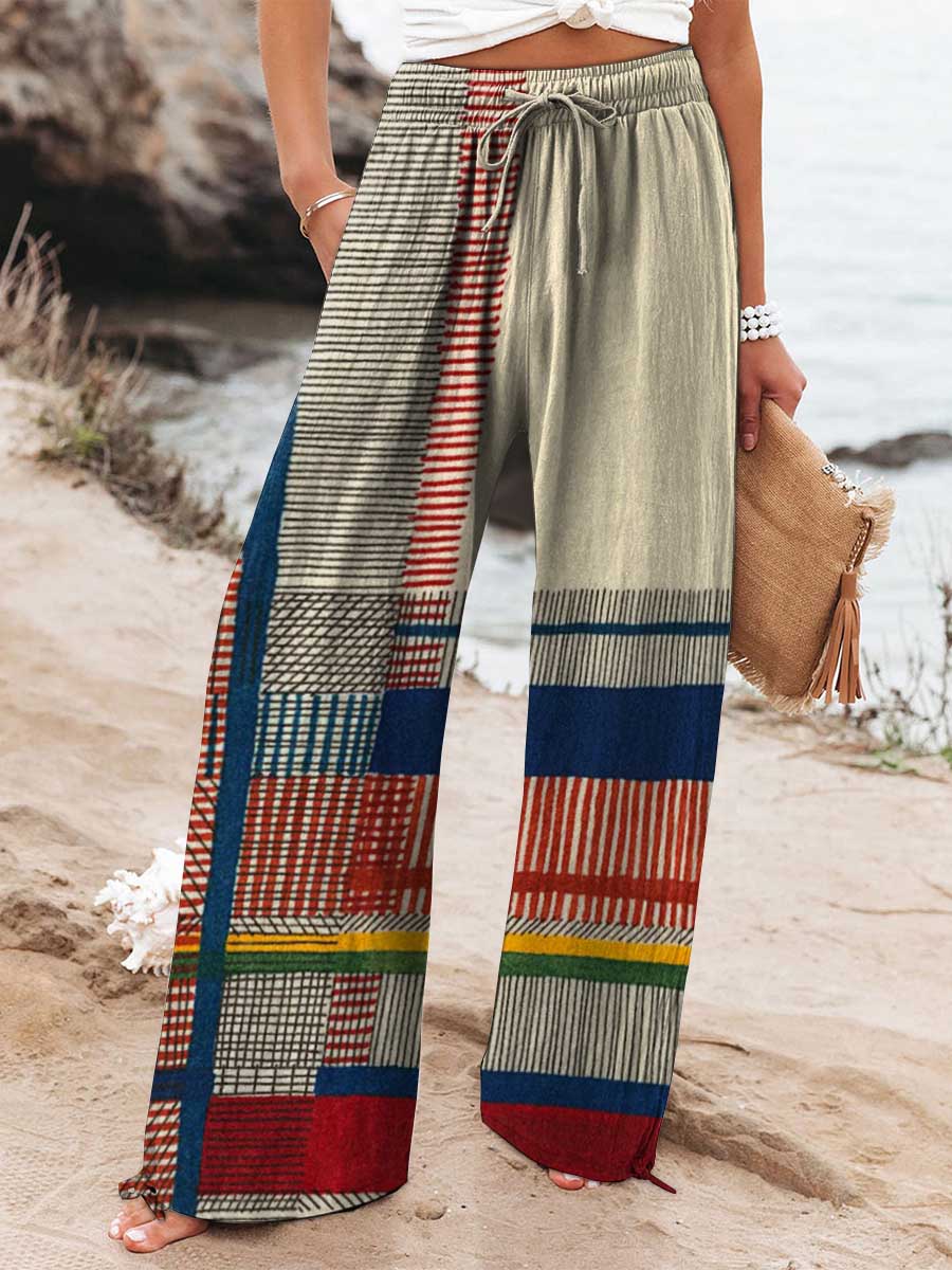 Women's Colorful Plaid Wide Leg Pants – Relaxed Fit Lightweight Casual Statement Trousers