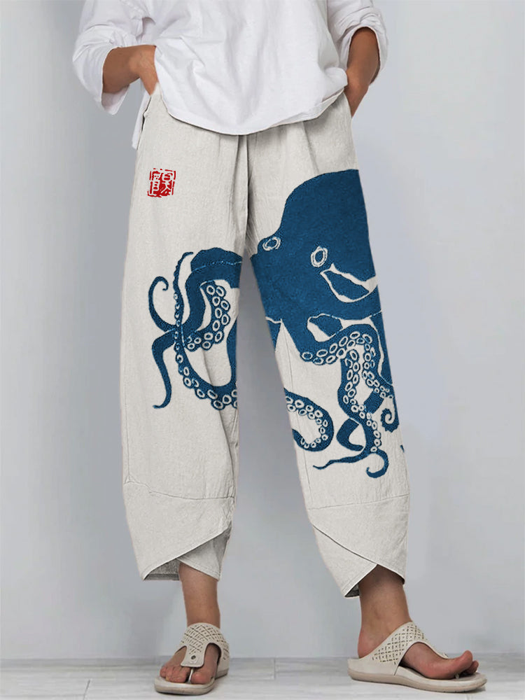 Women's Octopus Ink Print Wide Leg Pants – Relaxed Fit Lightweight Casual Trousers