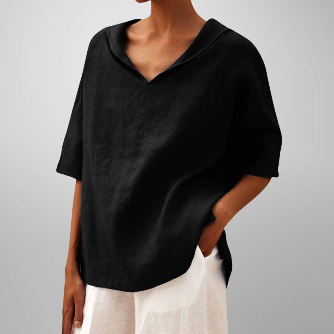 Women's Relaxed Fit Blouse with V-Neck and Short Sleeves