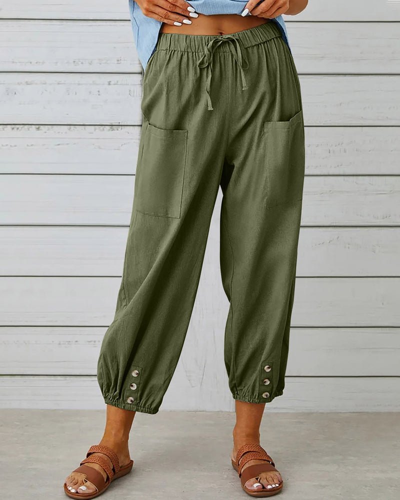 Women’s High Waist Drawstring Pants with Pockets and Button Hem