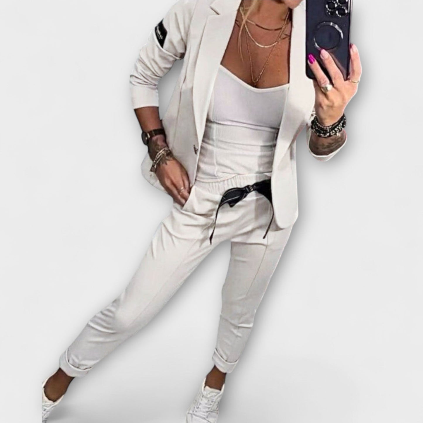 Women's Three Piece Suit Set with Blazer Top and Jogger Pants Casual Chic
