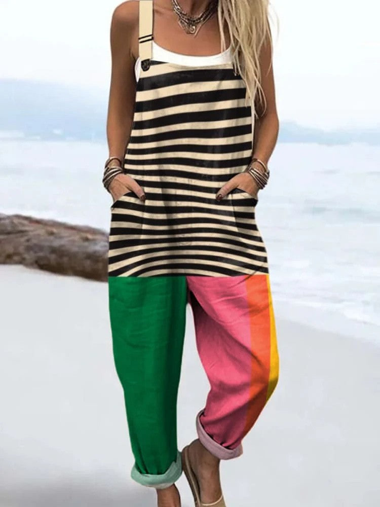 Women's Zebra Print Color Block Jumpsuit with Pockets – Loose Fit Casual Summer Overalls