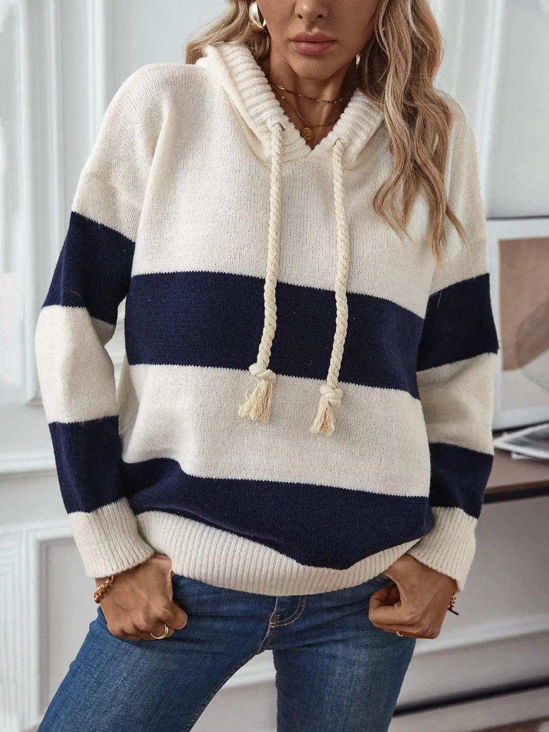 Women’s Striped Knit Hoodie Sweater for Cozy Winter