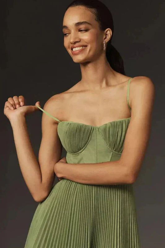 Women’s Pleated Strappy Elegant Flowing Maxi Dress
