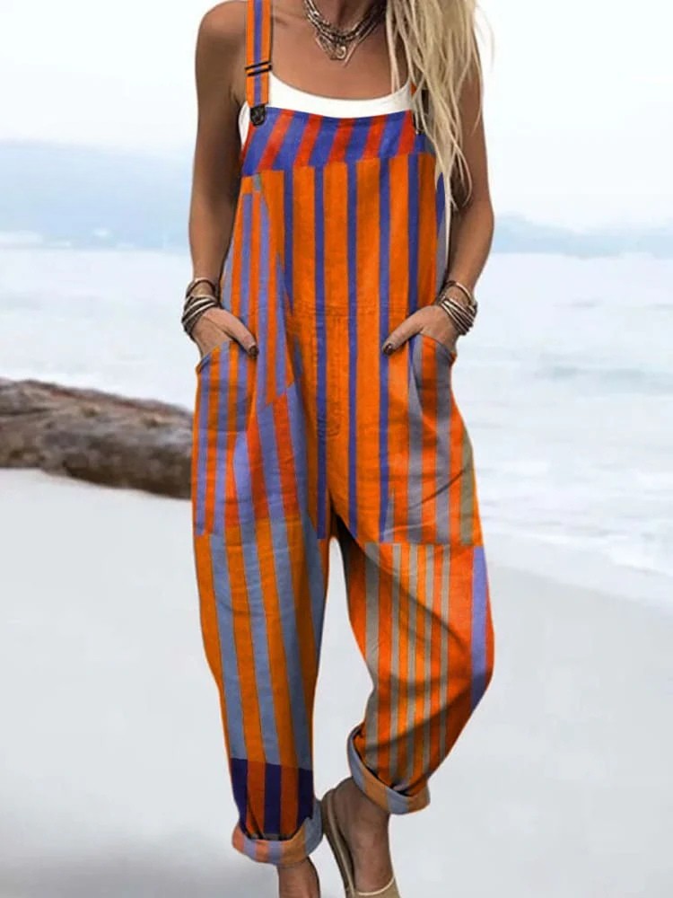 Women's Striped Colorful Jumpsuit with Pockets – Loose Fit Casual Summer Overalls