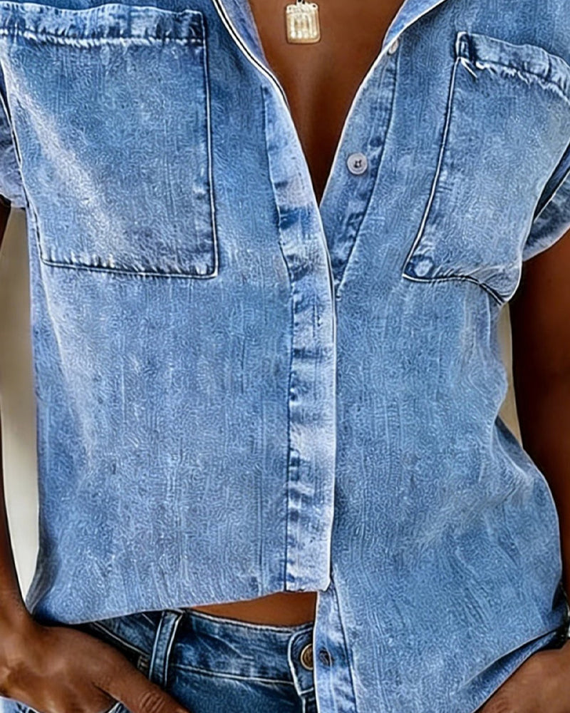 Women's Sleeveless Denim Shirt with Button Front and Pockets