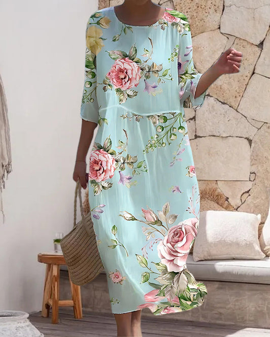 Women's Floral Midi Dress Elegant Loose Fit Summer Dress