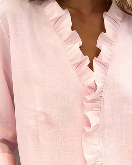 Women's Ruffle V-Neck Blouse with Long Sleeves