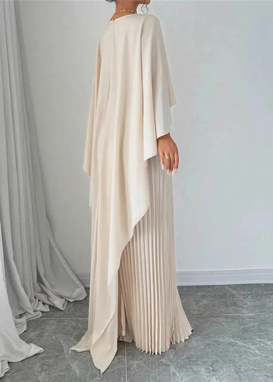 Women’s Pleated Cape Overlay Elegant Flowing Maxi Dress