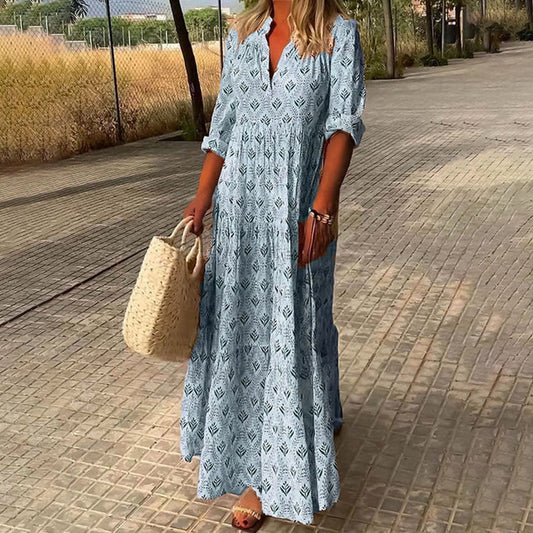 Women’s Boho Print V Neck Long Sleeve Summer Maxi Dress