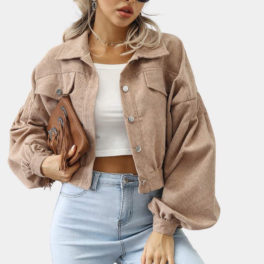 Women's Cropped Corduroy Jacket with Trendy Balloon Sleeves