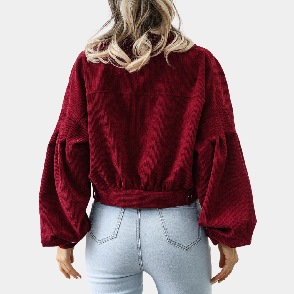 Women's Cropped Corduroy Jacket with Trendy Balloon Sleeves