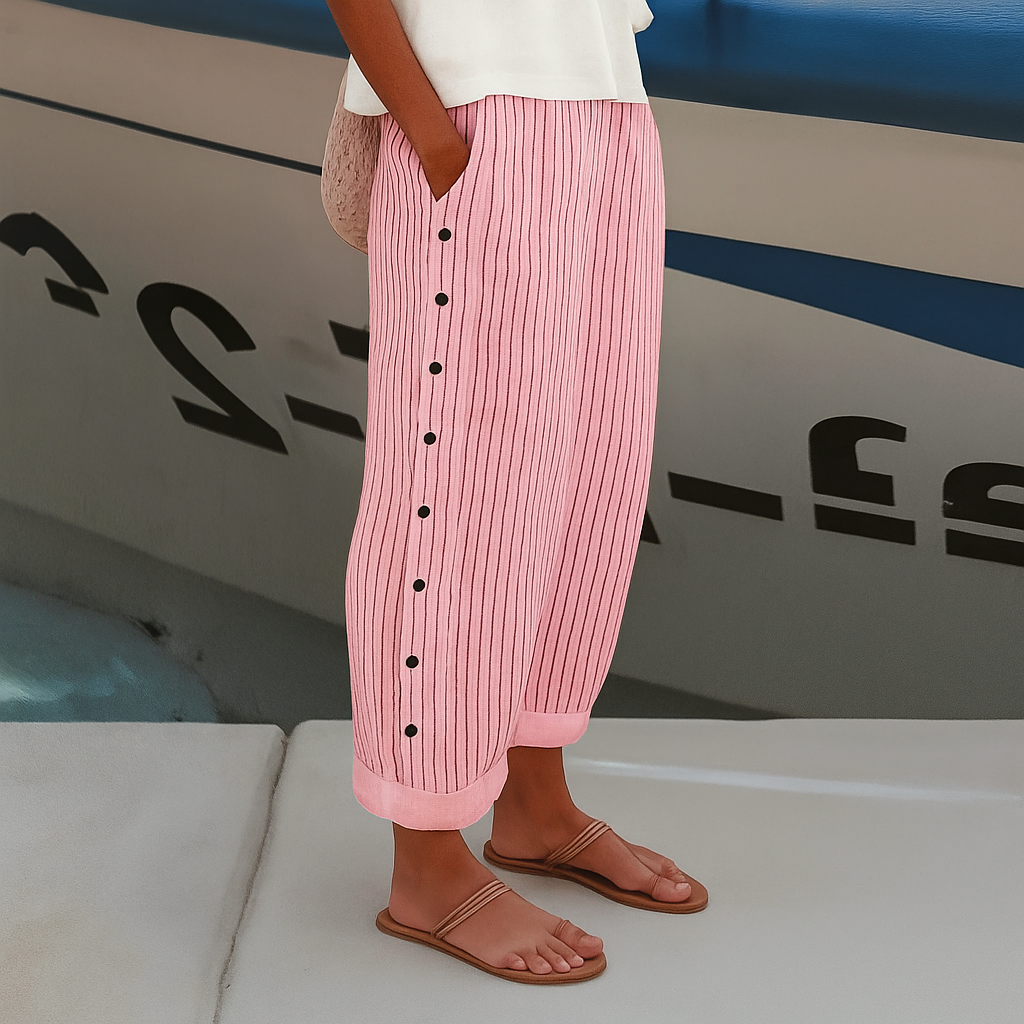 Women’s Striped Linen Pants with Elastic Waist and Button Detail
