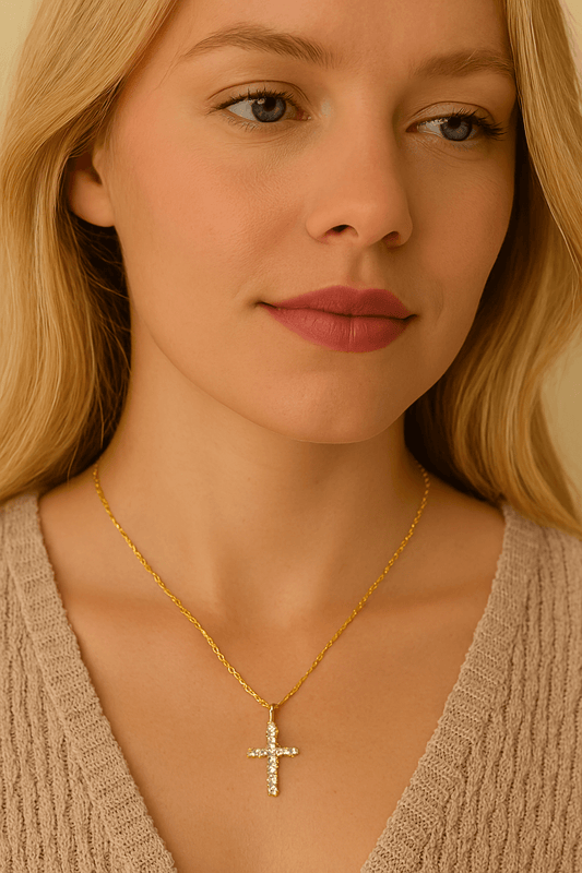 Gold-Plated Cubic Zirconia Cross Pendant Necklace for Women