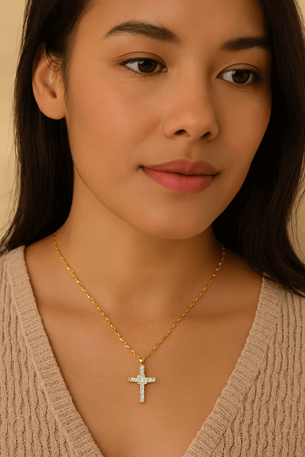 Gold-Plated Cubic Zirconia Cross Pendant Necklace for Women