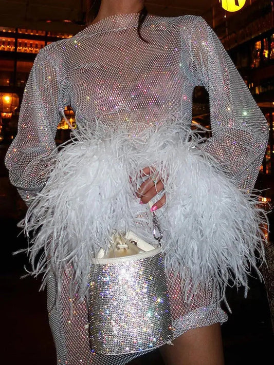 Women’s Mini Dress with Sheer Cuffs and Feathers