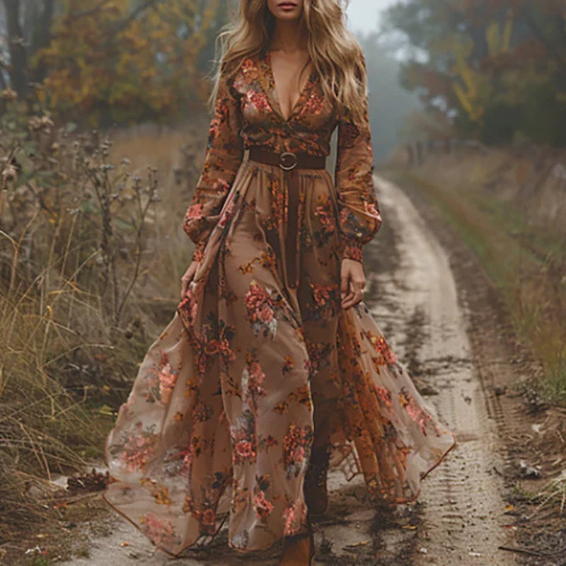 Women’s Embroidered Boho Maxi Dress with Long Sleeves and Tie Waist