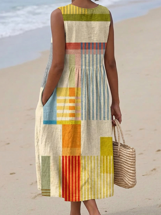Women's Geometric Midi Dress Sleeveless Casual A Line Summer Dress