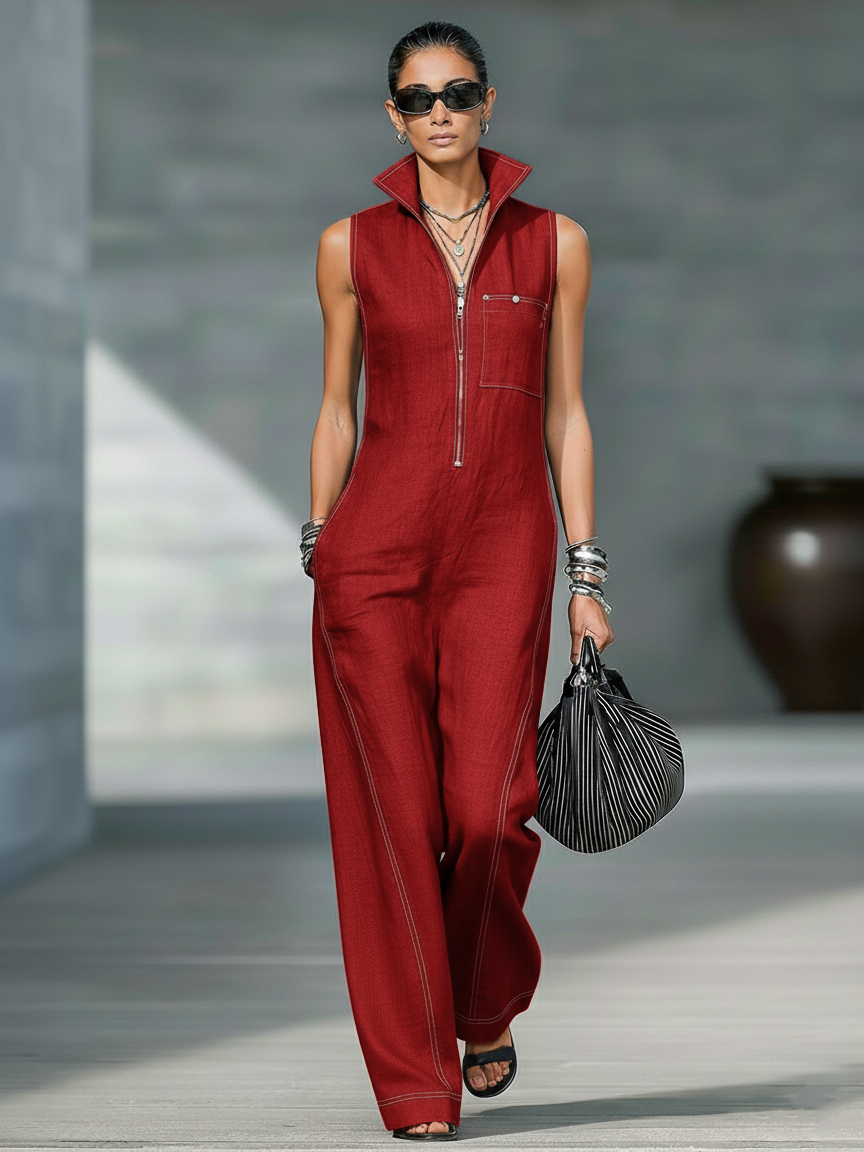 Women’s Sleeveless Wide Leg Jumpsuit with Contrast Trim