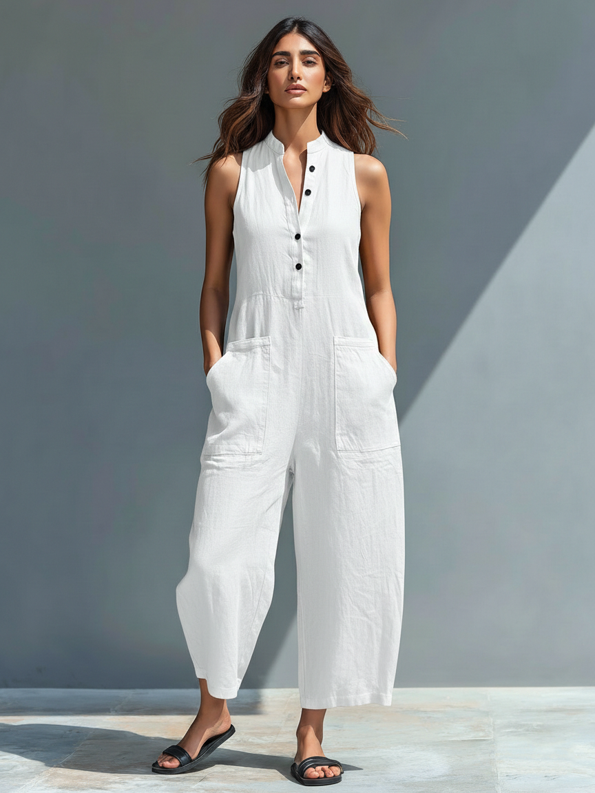 Women's Minimalist Linen Jumpsuit Sleeveless Wide Leg Relaxed Fit Casual Outfit