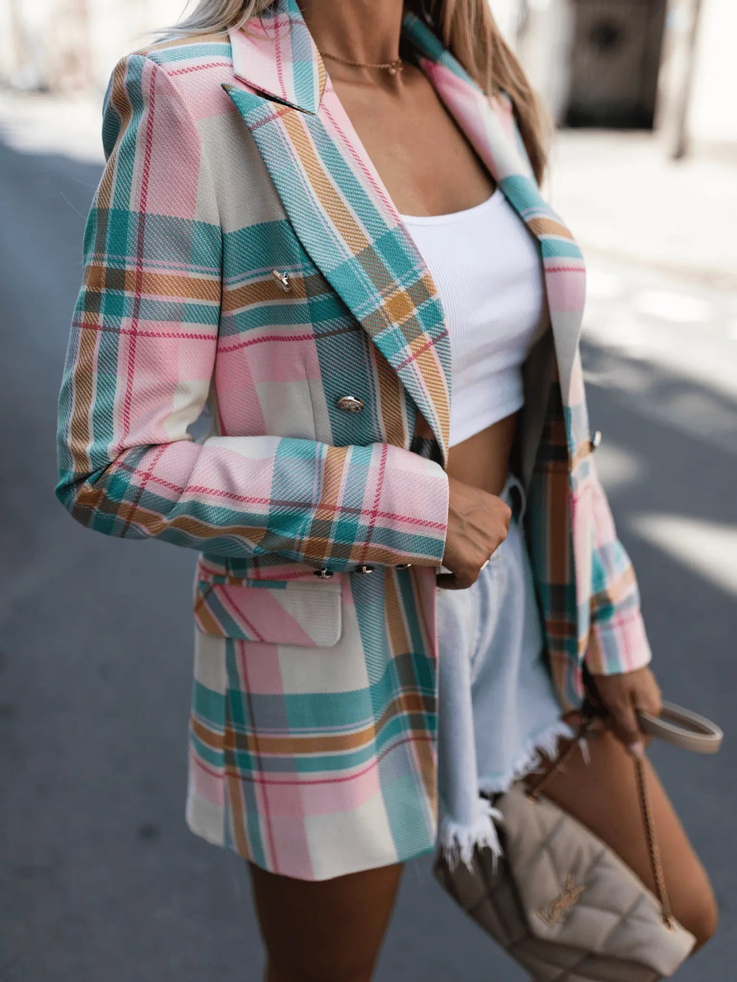 Women's Checked Double-Breasted Blazer Jacket – Chic Look