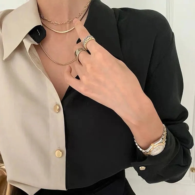 Vintage Two-Tone Long-Sleeve Blouse for Women