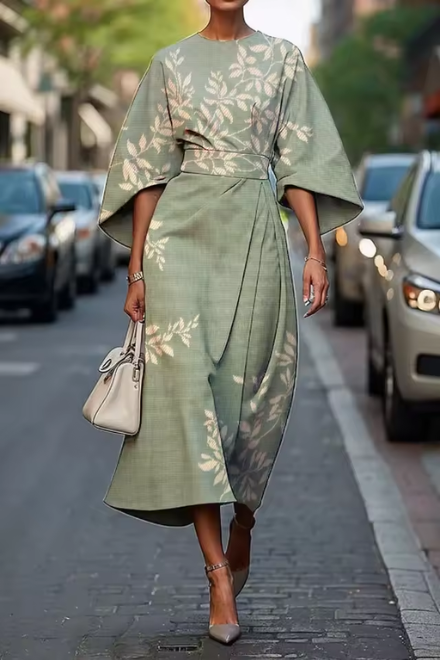 Women’s Printed Midi Dress with Defined Waist and Flowing Fit