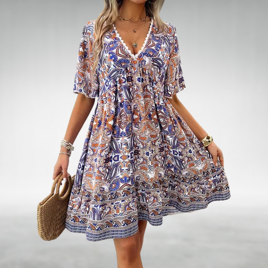 Women's Boho Paisley Mini Dress with V-Neck and Short Sleeves